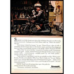 1974 Kawasaki KZ-400 Motorcycle Vintage Print Ad Pajamas Coffee Market Wall Art